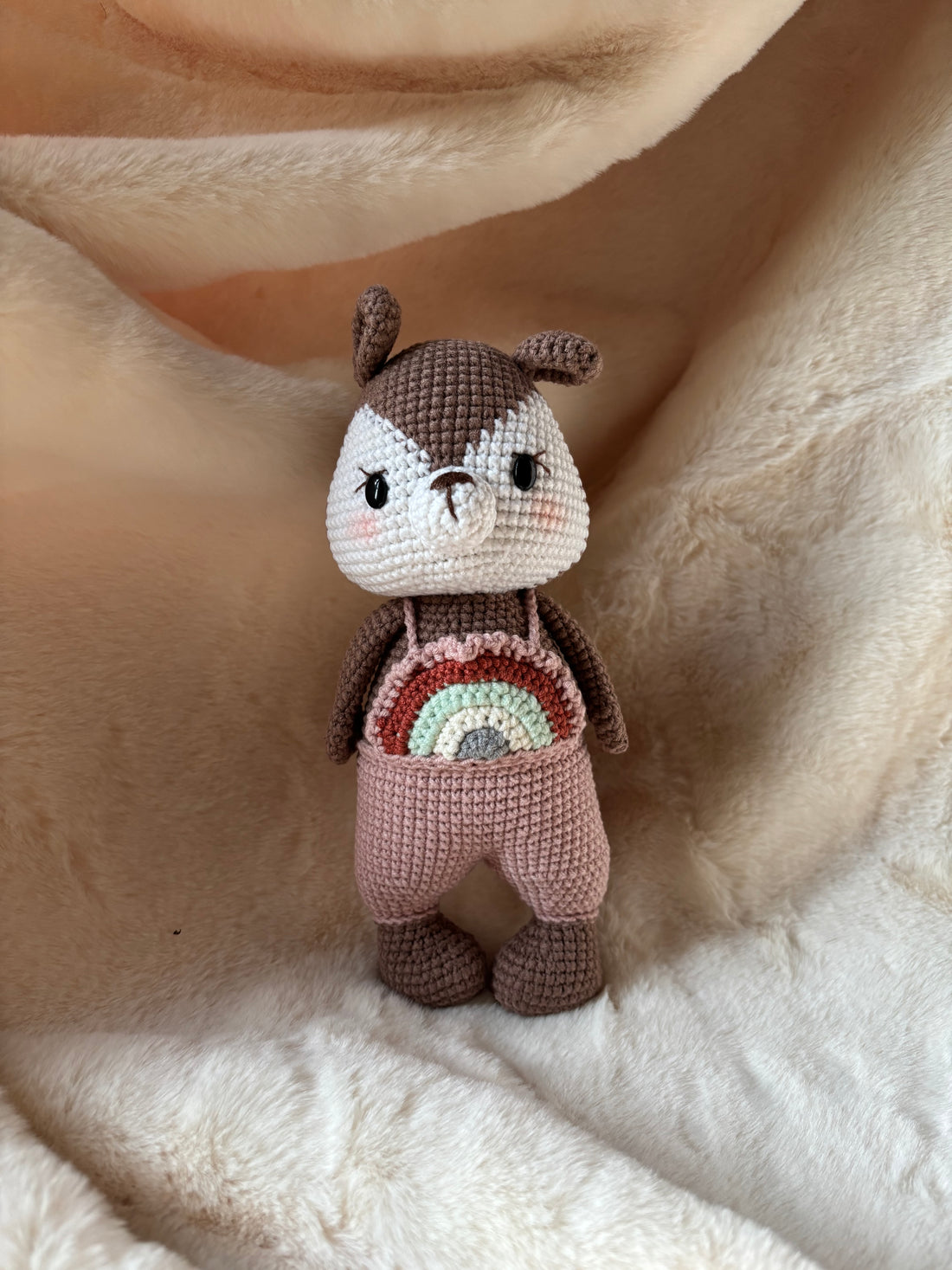Close-up of crochet squirrel face and rainbow pocket