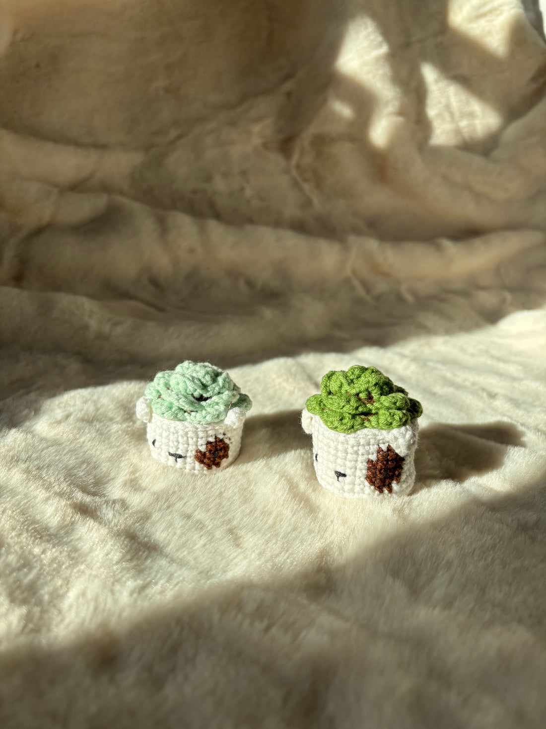 Tiny crochet succulents in mint and green with sleepy face pots