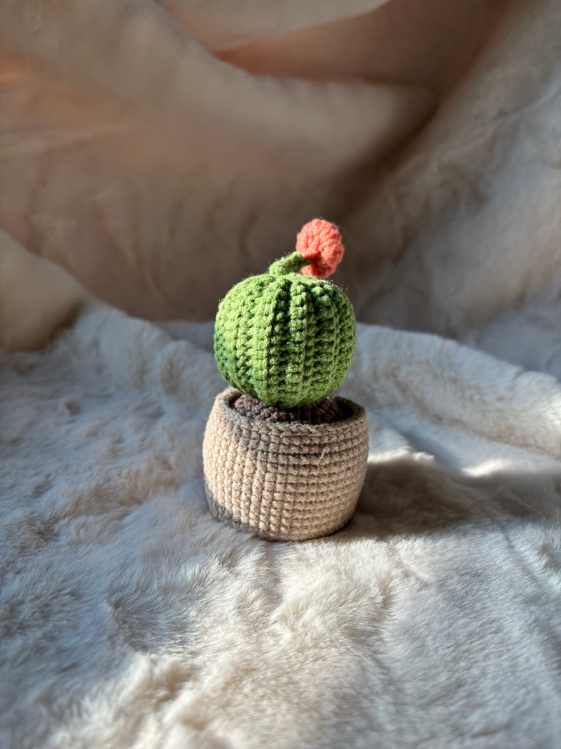 Crochet barrel cactus in textured pot on a fur rug