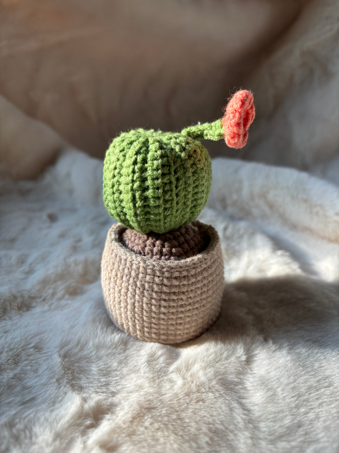 Crochet barrel cactus with coral flower, side view
