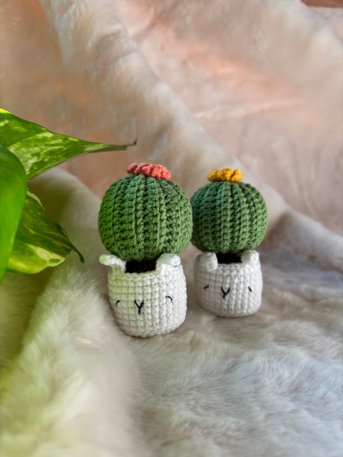 Two crochet barrel cacti with orange and yellow flowers in white cat pots