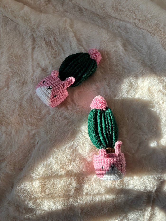 Crochet cactus with pink pom-pom in a pink bunny pot, 10 cm