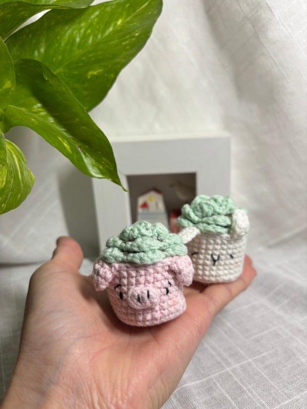 Two crocheted mint succulents in piglet and bunny pots